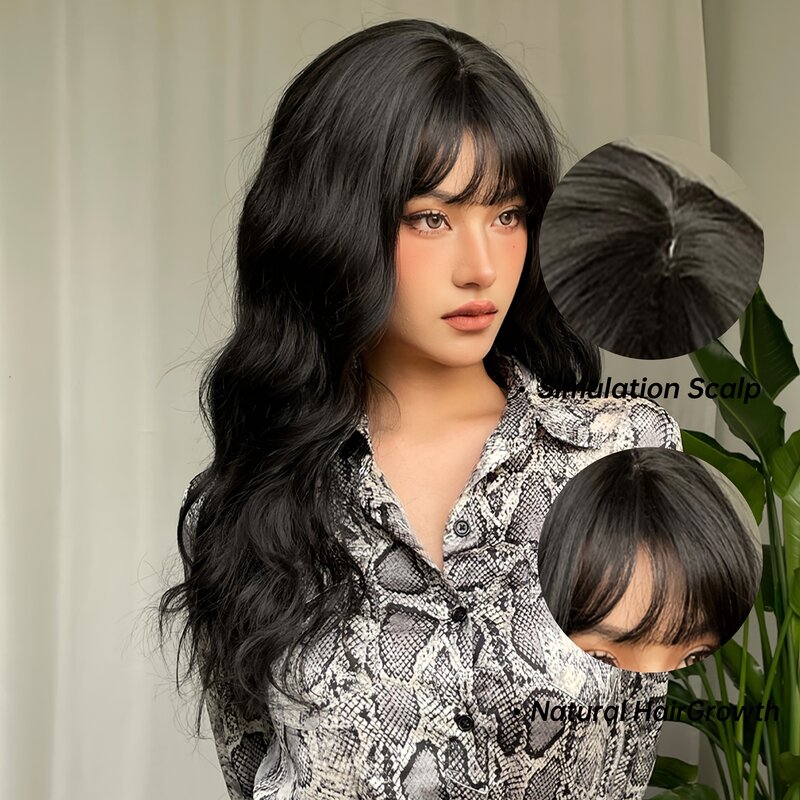 SNQP Long Wave Synthetic Wig with Bangs for Women 24inch Black Wig for Daily Cosplay Party Heat Resistant Natural Hair Line