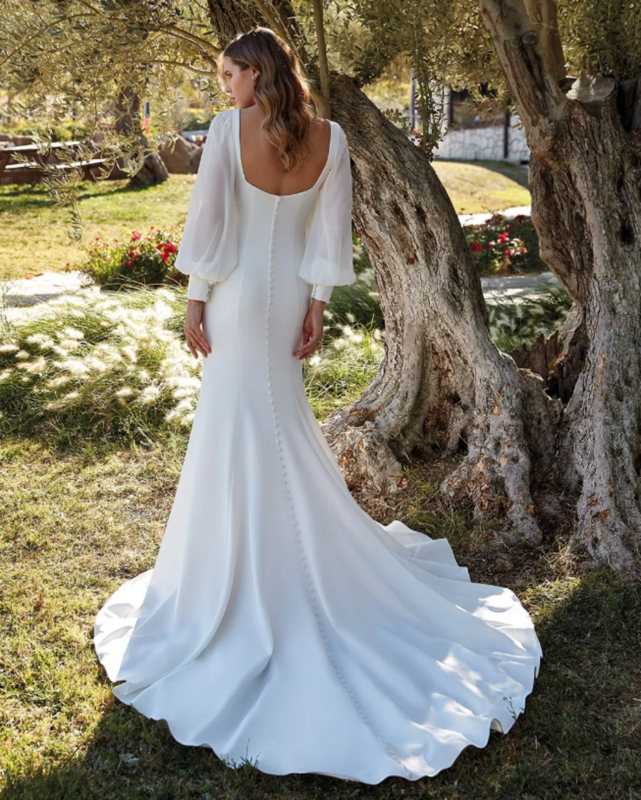 ชุดแต่งงานแขนพองผ้าซาตินแบบเรียบง่ายชุดเดรสคอเหลี่ยมทรงนางเงือกเสื้อคลุมชุดแต่งงาน