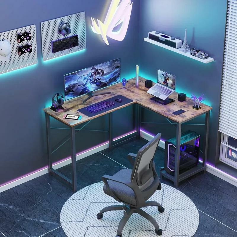 L 자형 컴퓨터 책상 나무 코너 PC 게임 테이블, 홈 오피스용 측면 보관 가방 포함, 작은 공간 방 책상 가구 연구