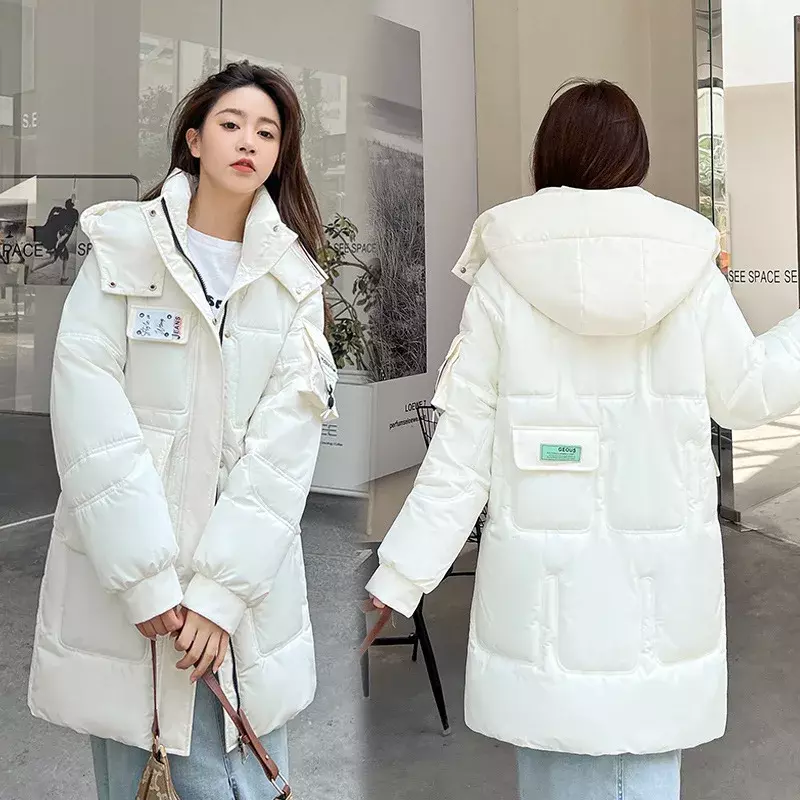 Jaket hangat bertudung untuk wanita, mantel parka bertudung ukuran besar longgar gaya Medium Musim Dingin 2023