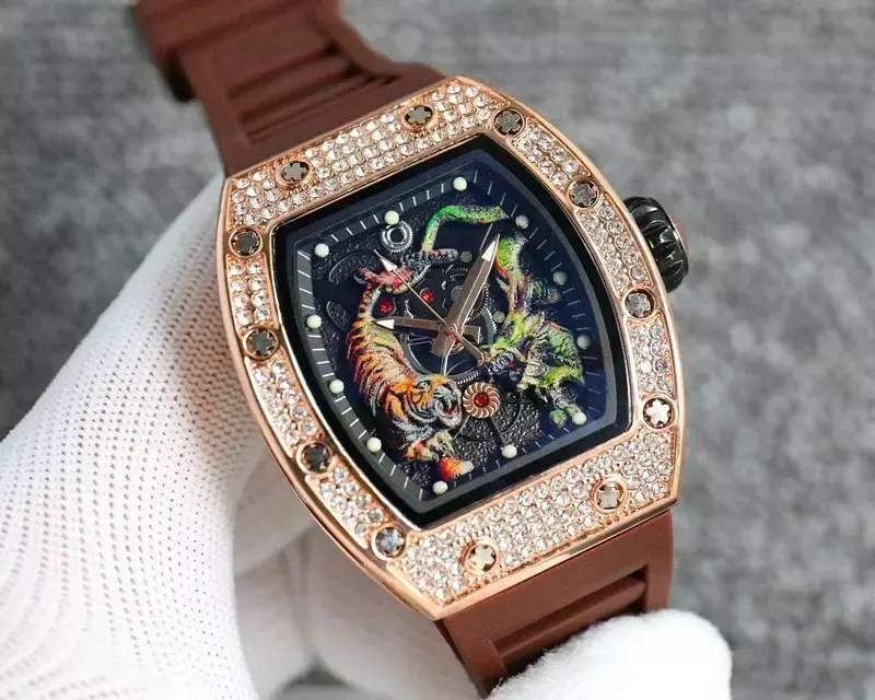 メンズドラゴンタイガーペインティング腕時計,高品質のダイヤモンドブランド時計,高級品,2024