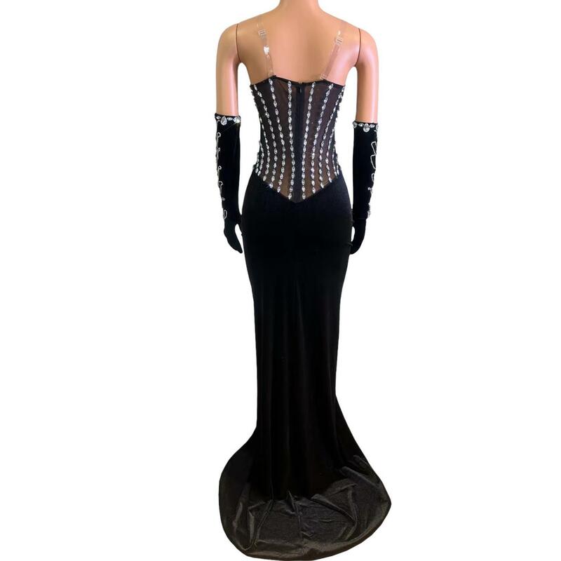 Длинное вечернее платье 2024 в стиле русалки с высоким разрезом бархатные Блестящие кристаллы женские вечерние платья с перчатками Shanliang