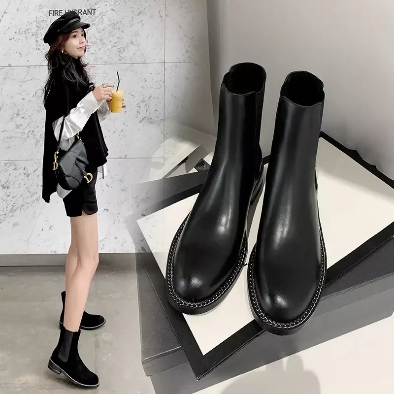Phụ Nữ Mắt Cá Chân Giày Da Tự Nhiên Trên Retro Cổ Giày Châu Âu Nữ Giày Nữ Da Bò + Bò Da Lộn Giày Chelsea Boot
