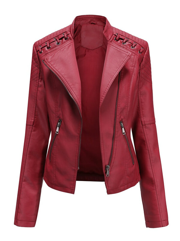 FSMG giacca in ecopelle alla moda primaverile e autunnale per donna, capispalla corta con cerniera Casual Slim Fit, cappotto moto leggero