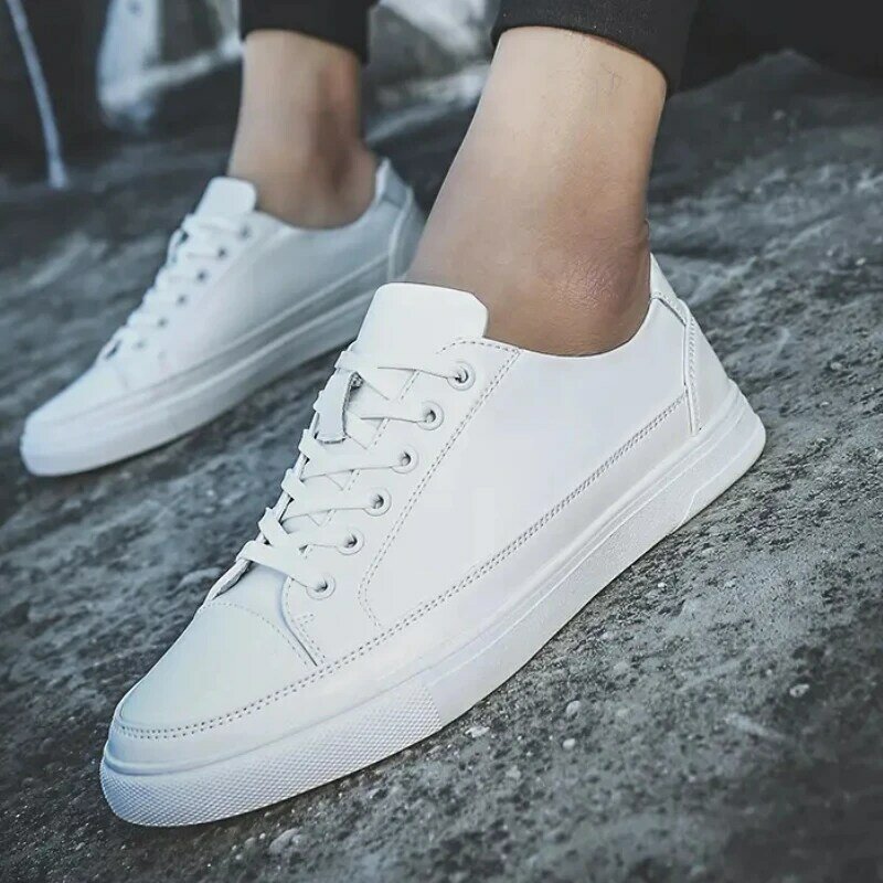Men's White Sneakers Lace Up Comfort Flat Trainers Korean Style Round Toe Lace Up Comfort Vulcanised Shoes Zapatillas Hombre