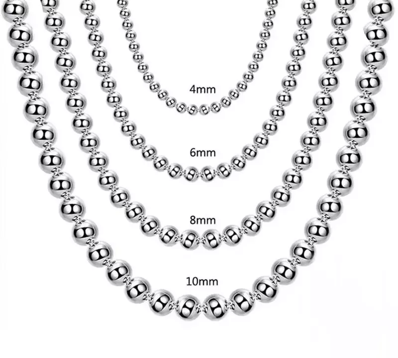 Lihong-925 Sterling Silver Smooth Beads Ball Necklace para homens e mulheres, jóias da moda, 4mm, 6mm, 8mm, 10mm