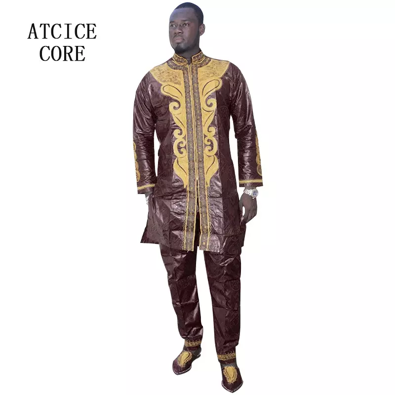 African Man Fashion Bazin Riche Embroidery Design Long Top With Pants Without Shoes