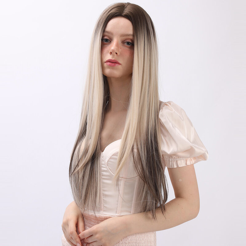 Wig sintetik rambut lurus abu-abu tua gradien gelombang keriting untuk wanita bagian tengah Wig wanita Cosplay pesta Wig tahan panas