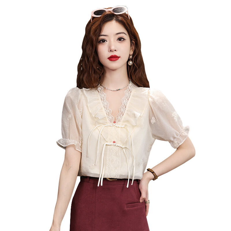 2024 Summer New Chinese Button Ruffle Edge V-Shirt Women's Age Reducing Loose Embroidered Bubble Sleeve Top Female Clothing