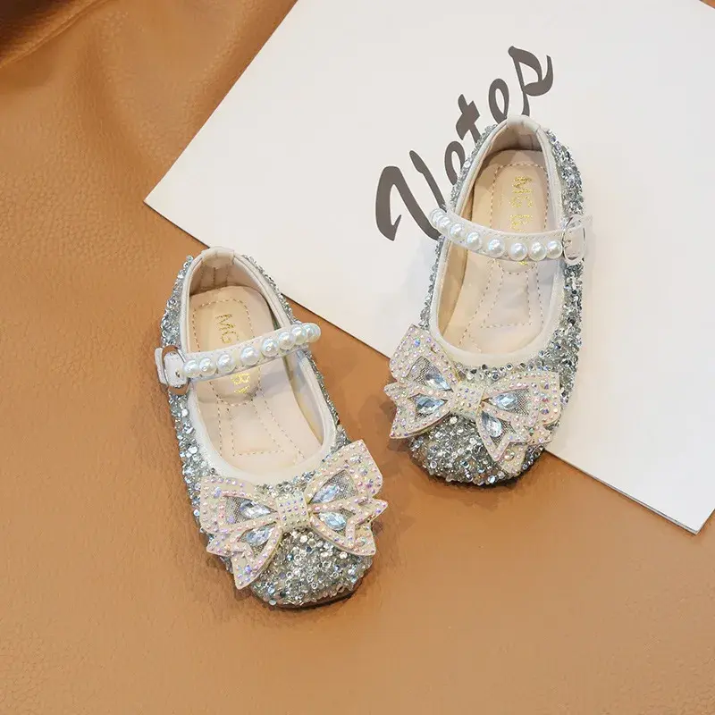 2024 Spring Summer New Girls' Princess Leather Shoes Korean Children Bow Single Shoe Fashion Shining Diamond Crystal for Party