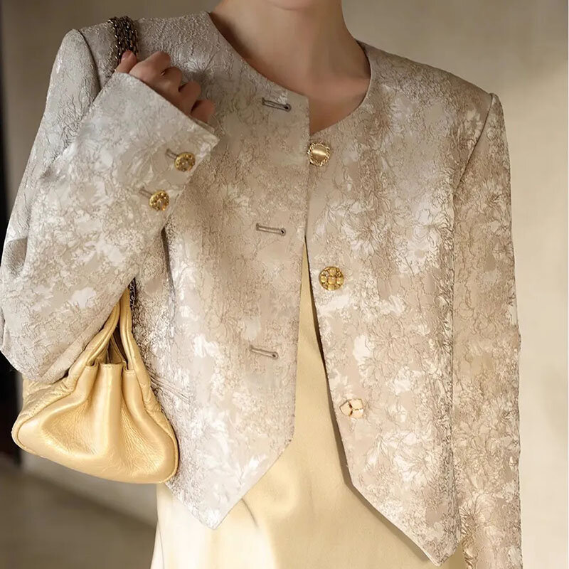 Jaket crop Jacquard desain Senior wanita 2024 atasan mantel lengan panjang kasual Korea Abrigos pendek berkancing sebaris elegan baru