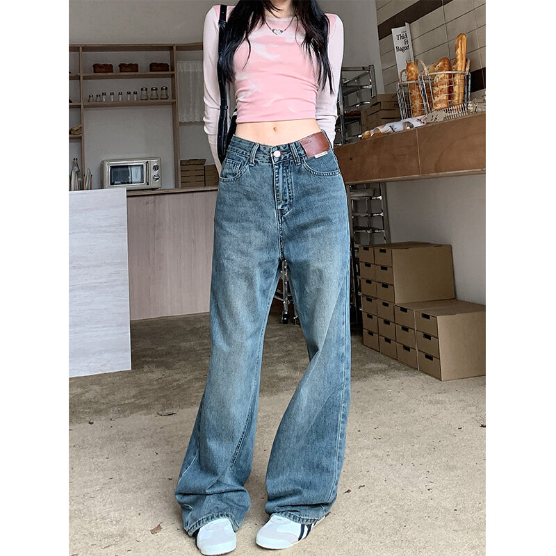 ZOENOVA-Jeans retrô americano feminino, calça reta solta, perna larga, casual e simples, calça jeans versátil, moda primavera, 2024