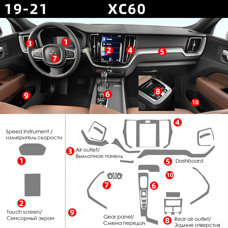 Film de protection transparent en TPU pour Volvo XC60, autocollant intérieur de voiture, engrenage de commande centrale, porte Air Prada, panneau de volant