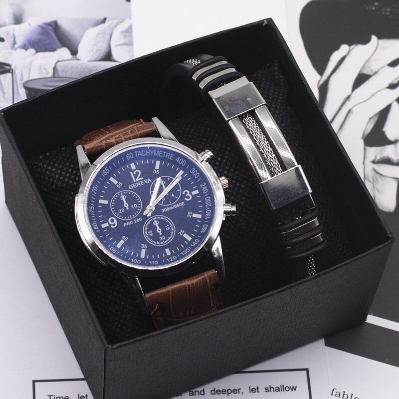 2pcs Men's Watch Bracelet Set with Black Box Fashion Leather Analog Quartz Wristwatches Business Gifts Set For Men Drop Shipping