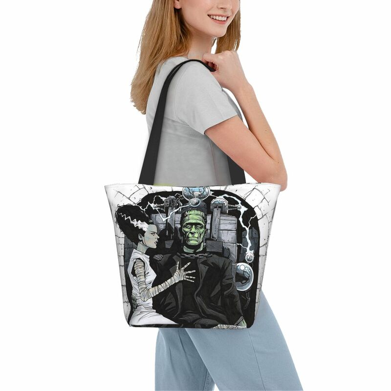 Halloween Horror Filme Canvas Mercearia Shopper Shoulder Bag, noiva de Frankenstein sacolas de compras, moda reutilizável