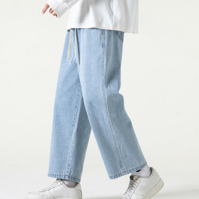 Джинсы в стиле ретро с широкими штанинами, свободные прямые мужские джинсы в стиле ретро с кулиской, широкие штанины до щиколотки с эластичным поясом