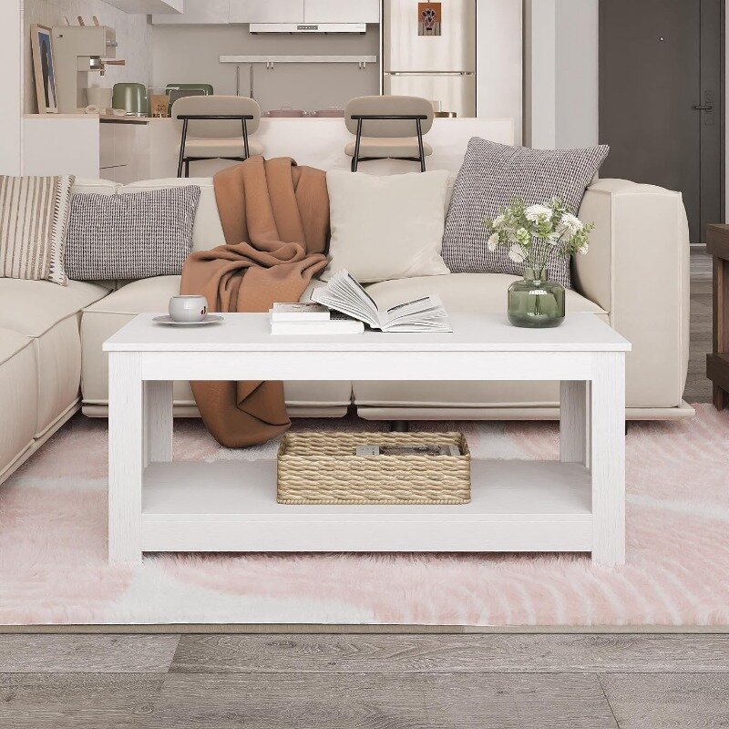Wooden One Style Fits All Coffee Table - White Coffee Table, 2-Tier Rectangular Console Living Room, Scratch/Water Resistant