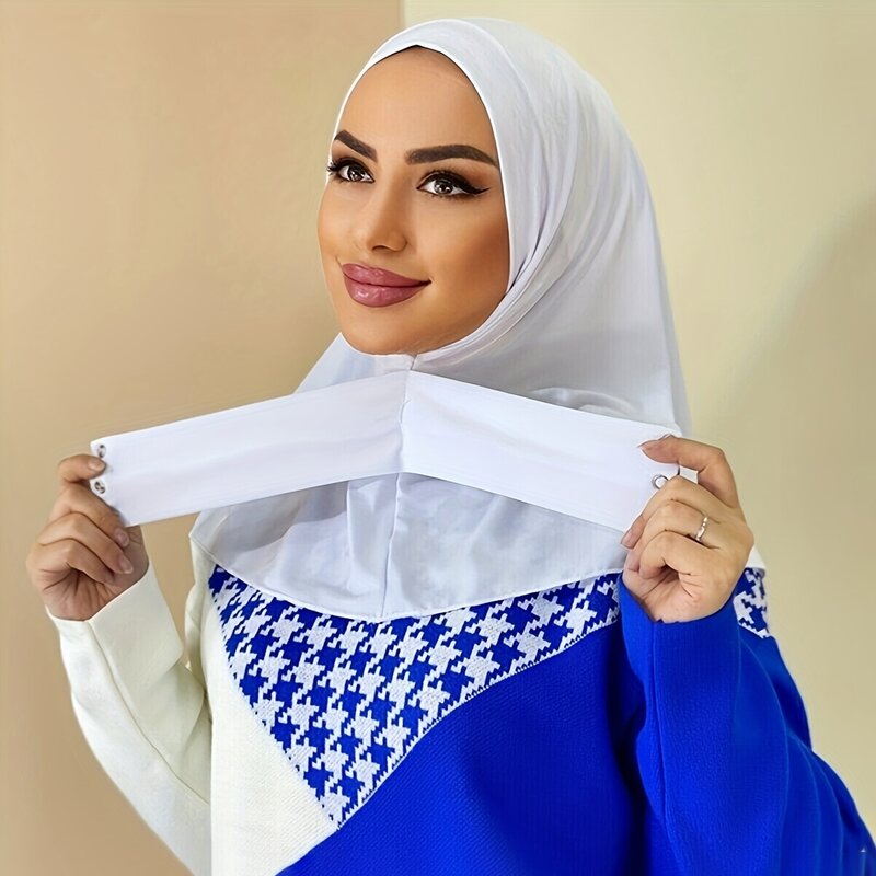 Stylish Solid Color Snap Hijab Simple Elastic Sports Head Wrap With Tie Back Buttons Casual Sunscreen Turban Bonnet