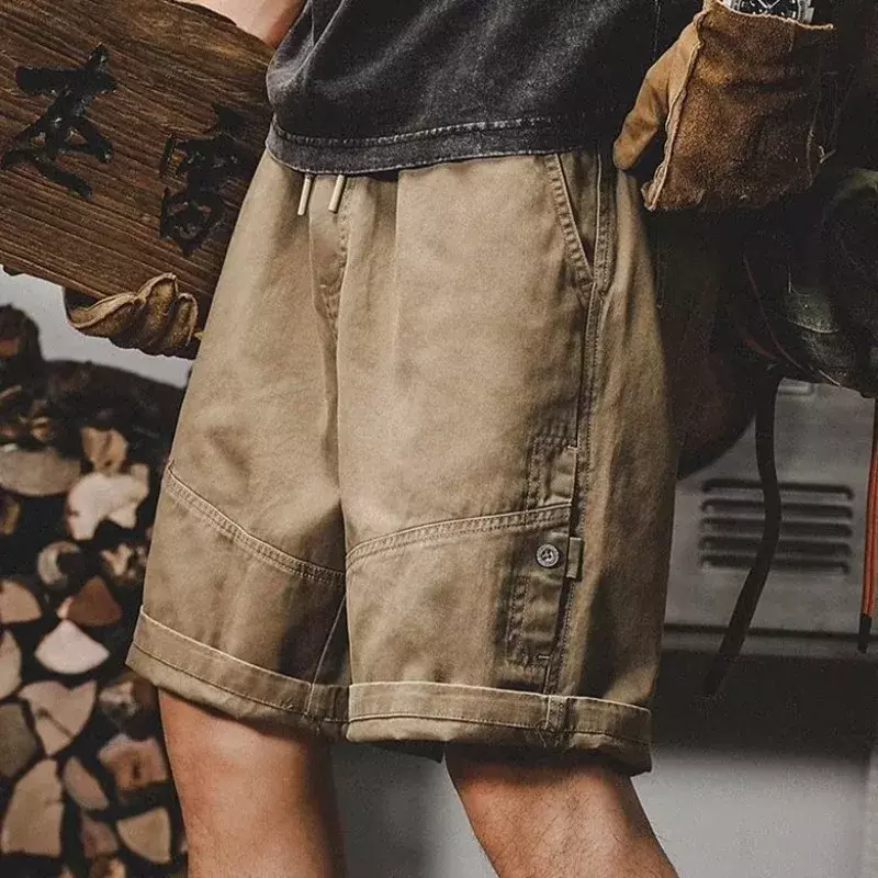 Short cargo vintage pour homme, pantalon court masculin avec ficelle, bouton solide, streetwear vintage, jorts décontractés et élégants, nouvelle mode, 2024