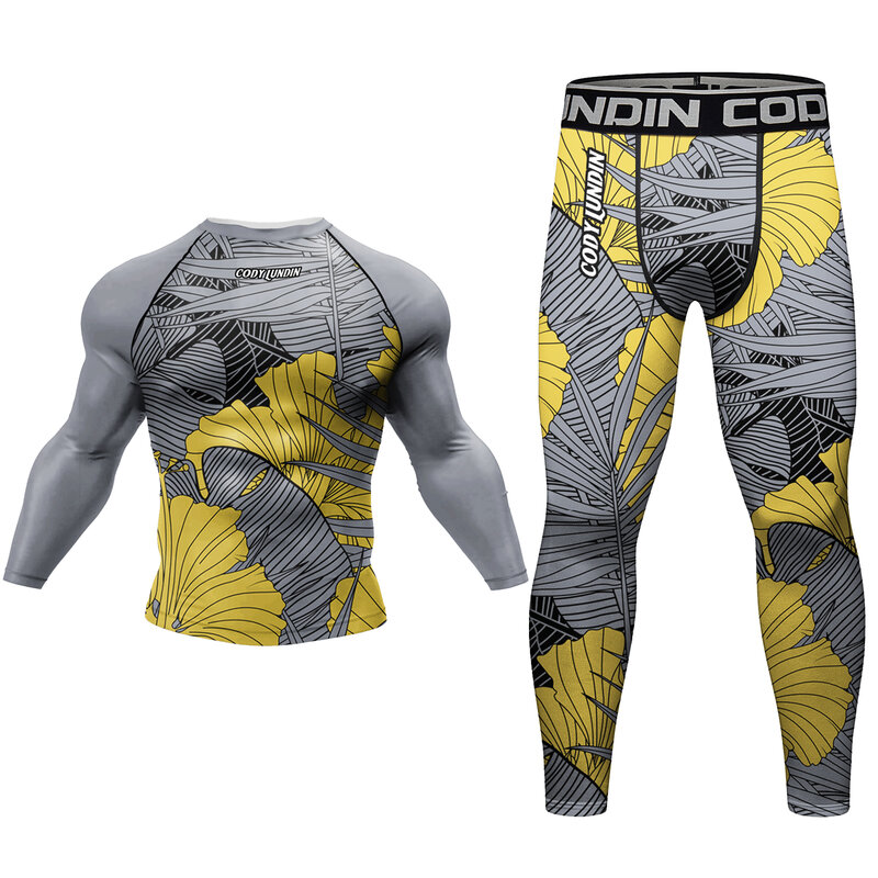 Camiseta de compressão masculina Rash Guard e Leggings Sport Set, bom padrão, sublimação impressa, manga longa, BJJ, MMA, esporte