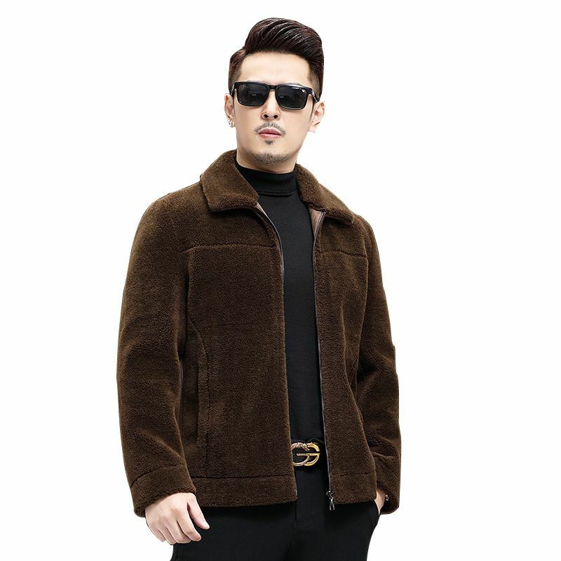 Chaqueta de manga larga con solapa para hombre, abrigo cálido de piel de cordero auténtica, Color sólido, I542, invierno, 2023