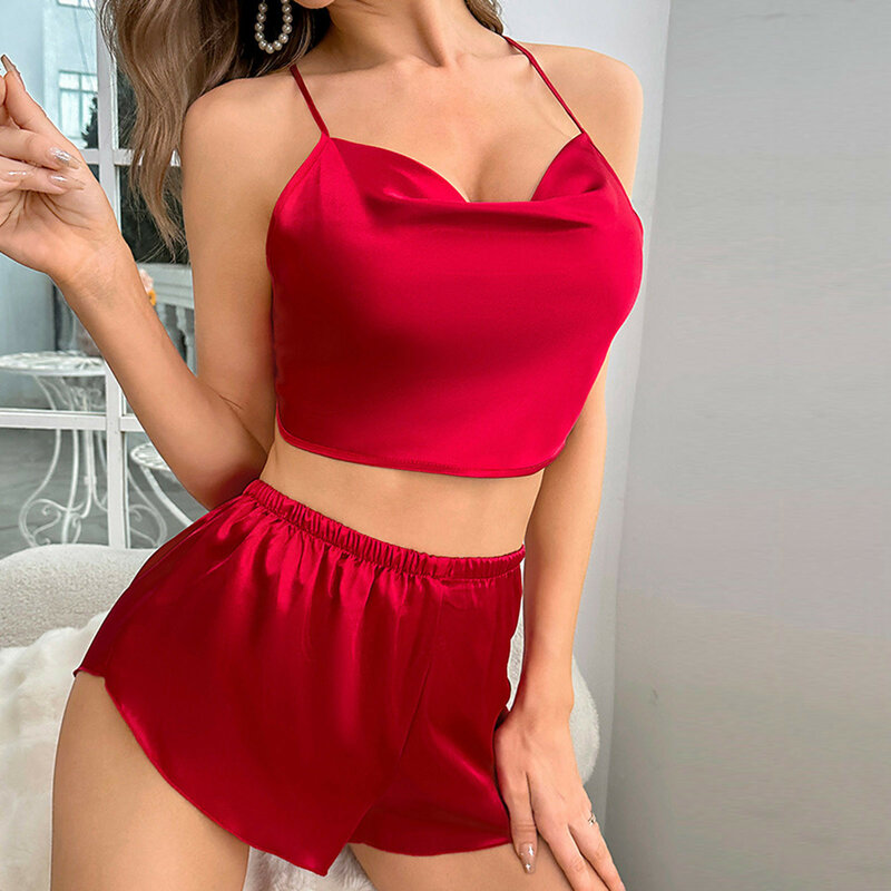 Women Solid Satin Pajama Set Strappy Backless Cami Top Elastic Waistband Shorts Women'S Solid Sleepwear Loungewear Suits
