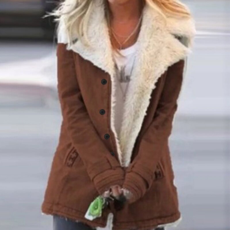 여성용 따뜻한 복합 푸시 버튼 라펠 재킷, 플러스 사이즈, 겨울 트렌치 코트, 아웃웨어 코트, 브라운 XXL