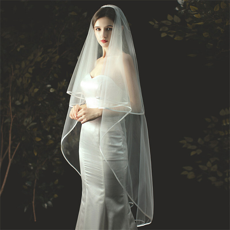 وسط سلسلة عرس الحجاب مع مشط لحفلة العزوبية ، حجاب زفاف عاجي ، حافة الشريط 2 طبقات ، العاج الأبيض