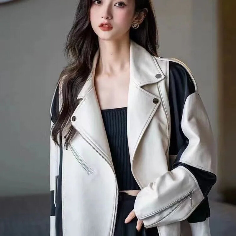 2023 Autumn New Faux Soft Leather Jacket Women Fashion Splicing Loose PU Leather Short Coat One Button Locomotive Chic Outwear