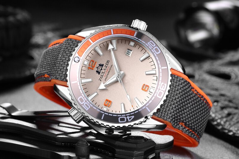 メンズ自動巻き機械式キャンバスゴムストラップオレンジ青赤高級時計