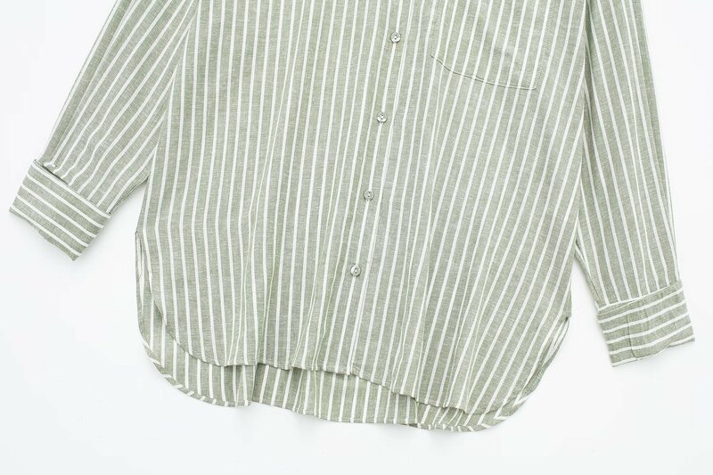 Women 2024 New Fashion Striped linen blend  Loose Blouses Vintage Long Sleeve Button-up Female Shirts Blusas Chic Tops