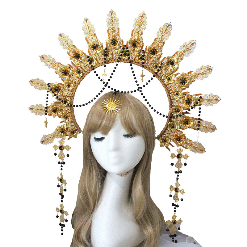 Handmade Gothic Lolita KC Halo chluba Retro słońce bogini dziewica opaska z koroną akcesoria do włosów