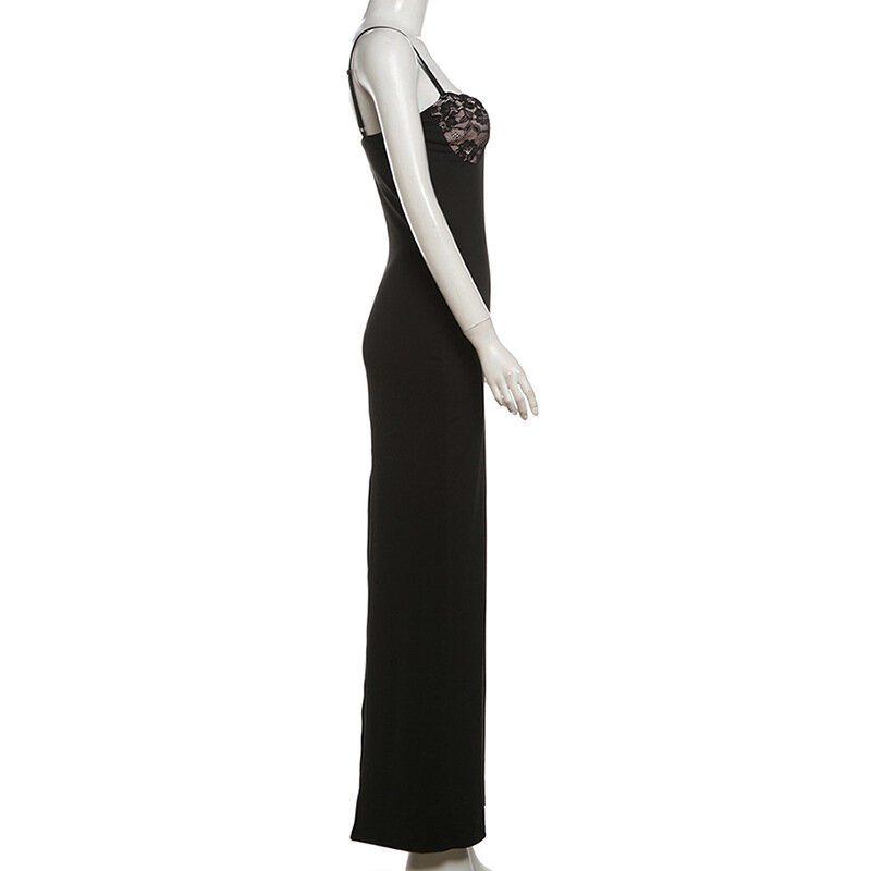 ชุดเดรสงานพรอมลูกไม้สีดำสำหรับผู้หญิงชุดเดรสยาวแขนกุดสายเดี่ยวเซ็กซี่สำหรับงานปาร์ตี้ฤดูร้อน
