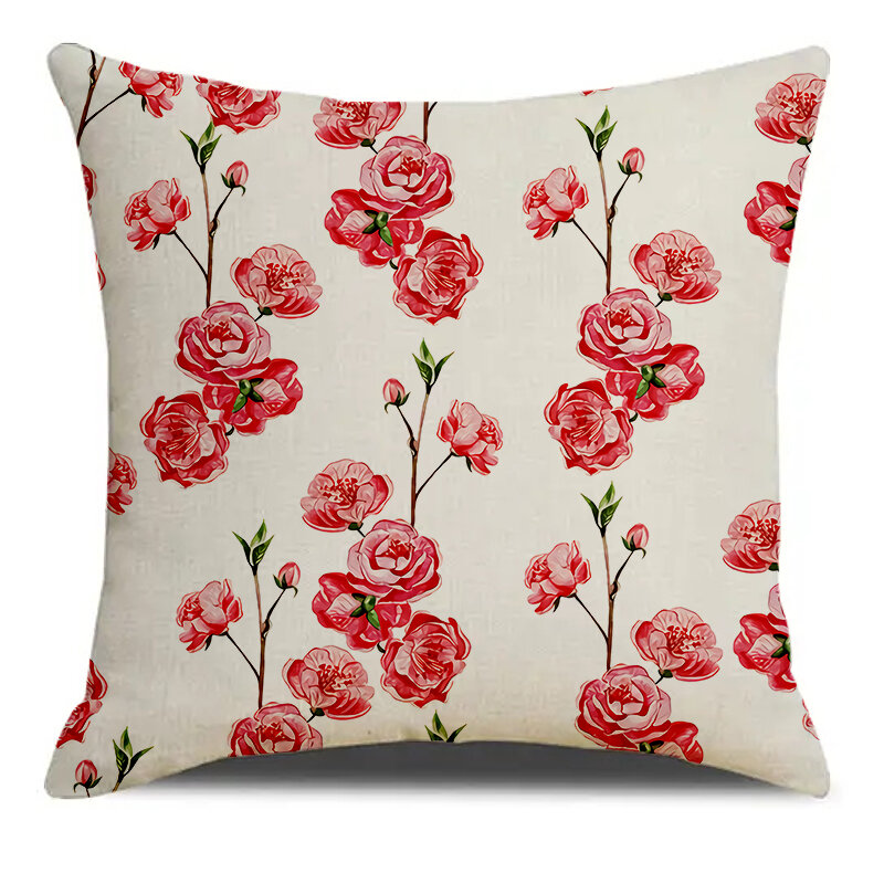 Beautiful Red Peach Blossom Flowers Leaf Printed Square Pillowslip Linen Blend Cushion Cover Pillowcase Living Room Home Decor