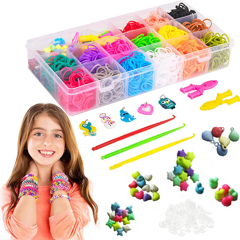 600/1500 colorido banda de borracha pulseira fazendo kit de borracha banda enchimento crianças pulseira kit tricô diy brinquedos artesanais