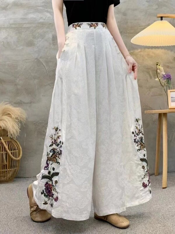 2024 celana panjang jacquard satin celana Tradisional Cina celana panjang kaki lebar pinggang elastis etnis bordir bunga nasional wanita