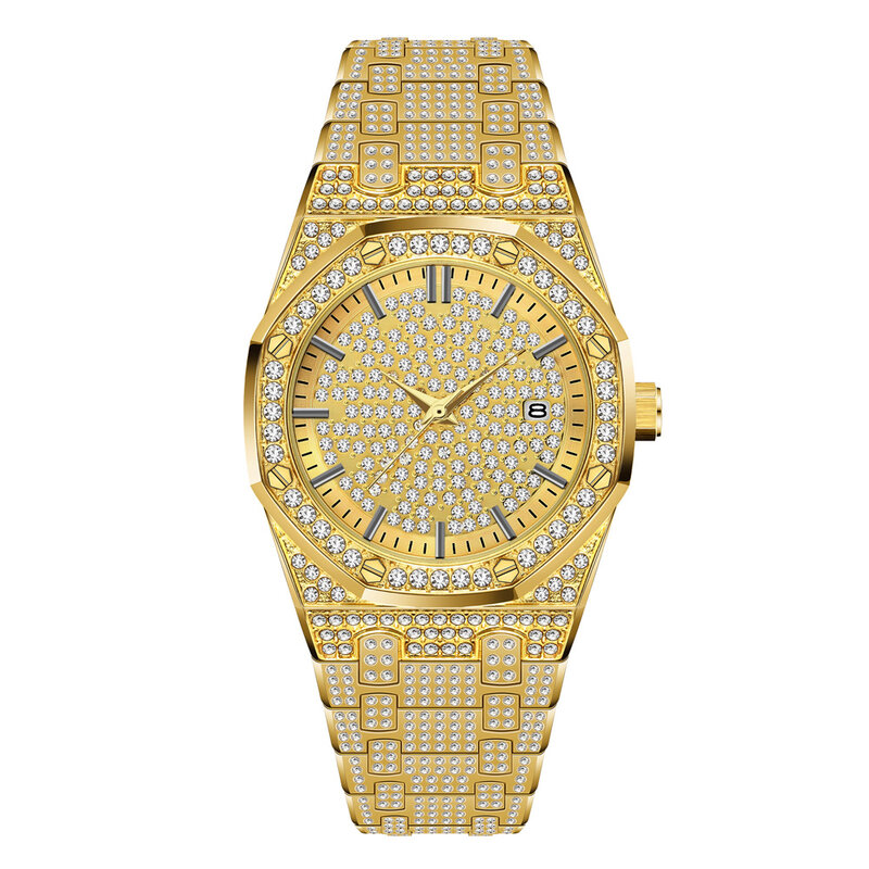 Relógio Bling-Full Diamond Stones para homens, ouro 18K, marca superior, luxo Iced Ice Out, relógios de pulso Hip Hop, relógio de pulso automático