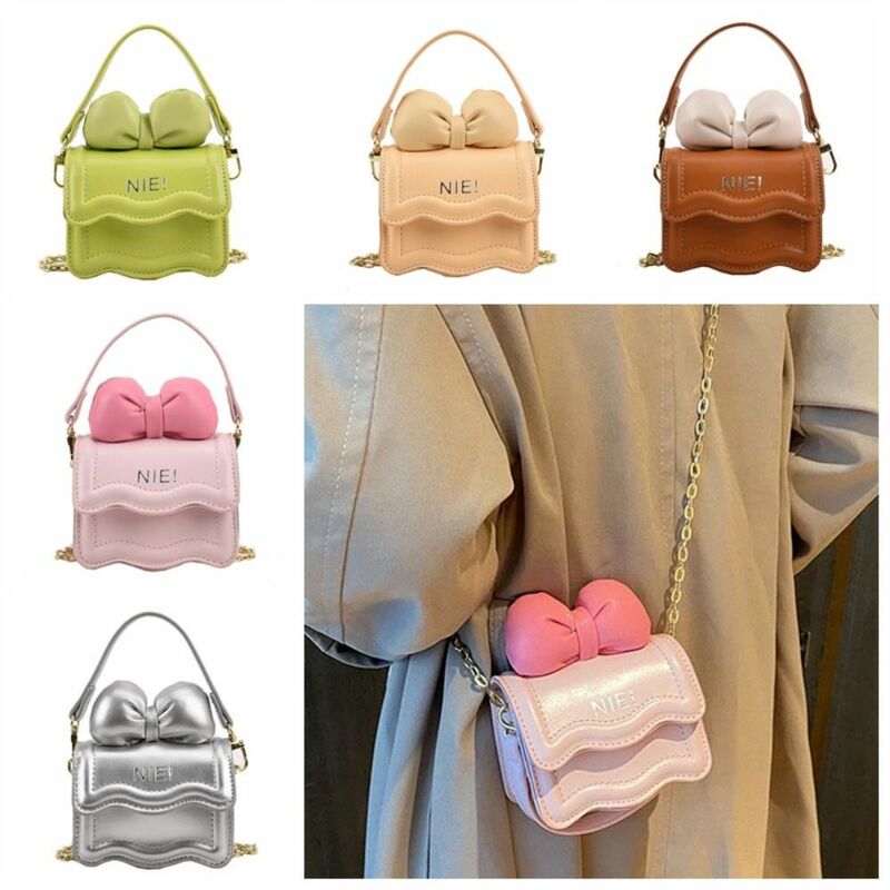 PU Leather Mini Bow Crossbody Bag Solid Color Small Square Bag Parent-child Bag Fashion Design Handbag Sweet Shoulder Bag Girls