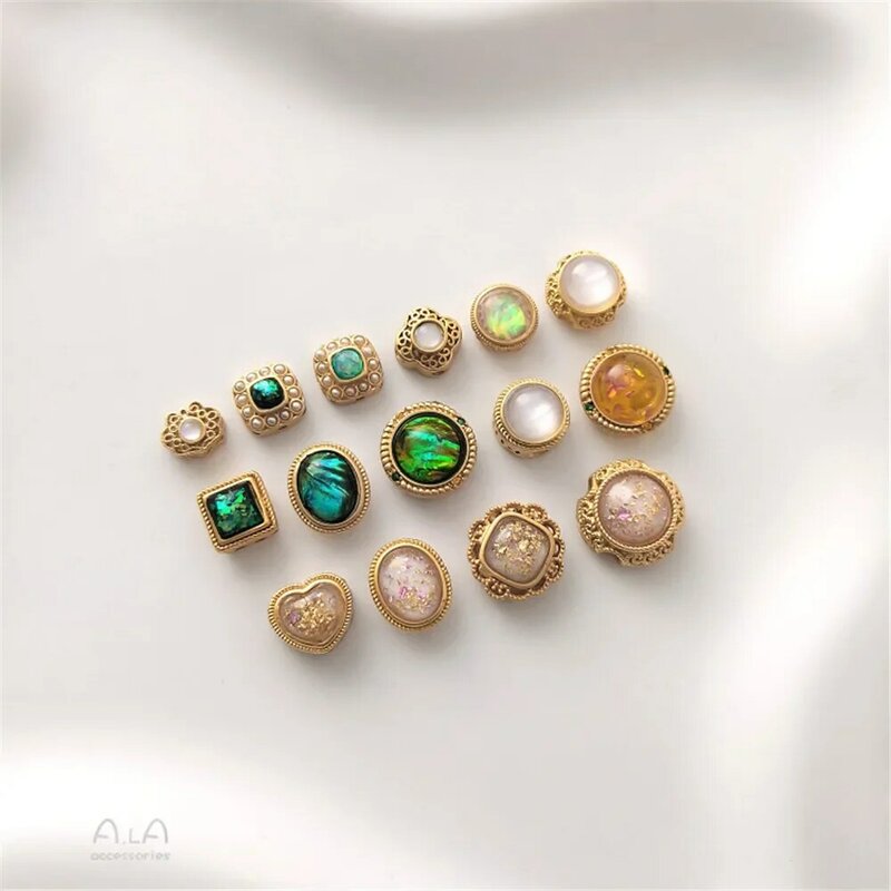 Imitação Opal Bead Transferência Beads, Banhado a Cobre, Ouro Fosco, Incrustado, Retro, Handmade, DIY, Acessórios de Jóias