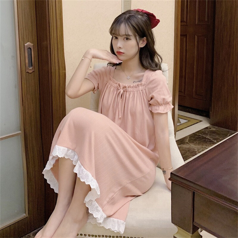 Милая Ночная сорочка KoreaSweet с оборками и квадратным вырезом для женщин, кружевная хлопковая льняная дышащая повседневная домашняя одежда с коротким рукавом