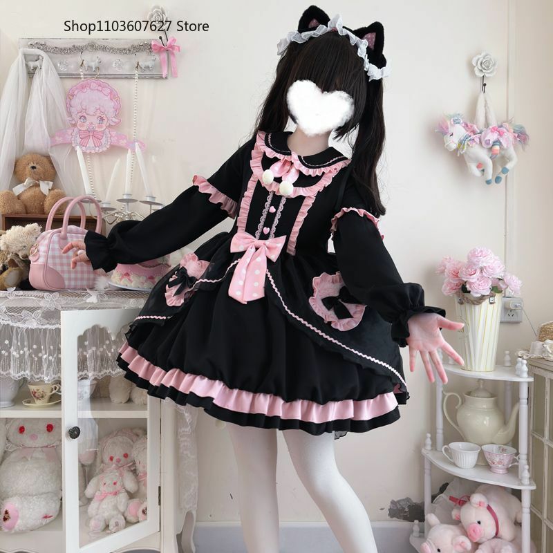 Kawaii Lolita OP Dress donna Sweet Bow Ruffles Cartoon Bunny manica lunga Party Mini abiti ragazze giapponesi abito da principessa gotico