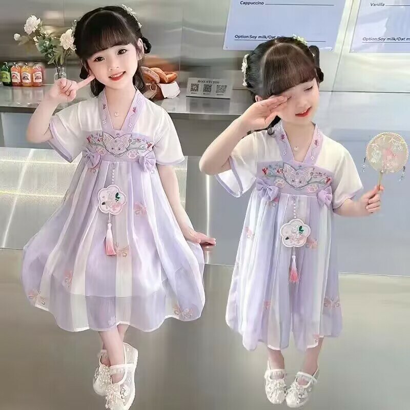 Платье для маленьких девочек, летняя одежда, новинка, детское платье принцессы с коротким рукавом в китайском стиле ханьфу