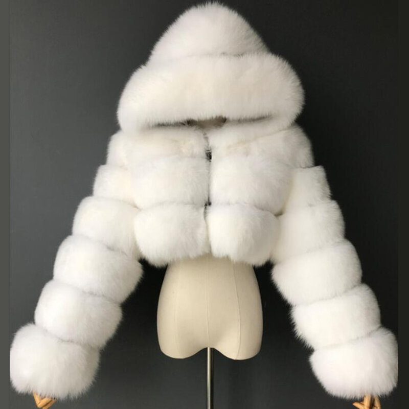 .2023 Winter High Quality Faux Fur Coat Women Thicken Warm Cropped Furry Hooded Jacket Female Fashion Fake Fur Outerwear