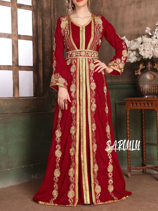 Takchita Kaftan 여성용 이슬람 골드 아플리케 이브닝 드레스, A 라인 신부 원피스, 클래식 바닥 길이 가운