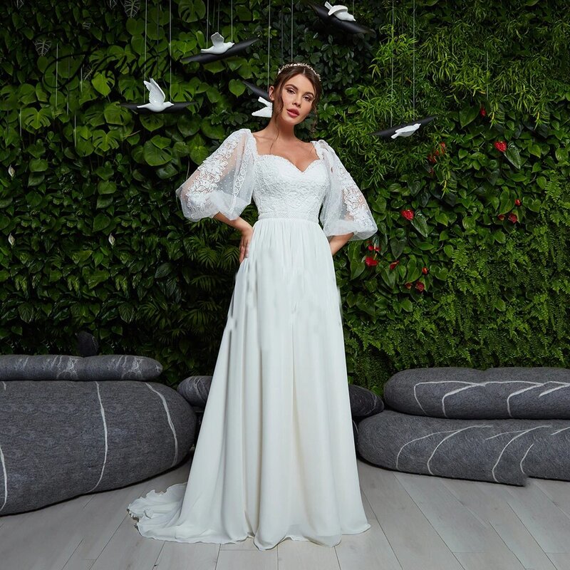 2023 Wedding Dresses Sweetheart Three Quarter Sleeve Chiffon Lace Appliques A-Line Backless Bridal Gown vestido de noiva