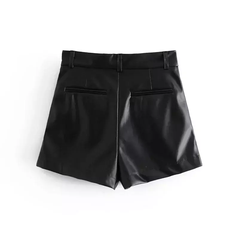 Shorts de couro sintético vintage feminino, cintura alta, bolsos laterais, mosca com zíper, streetwear de perna larga feminina, moda, 2022