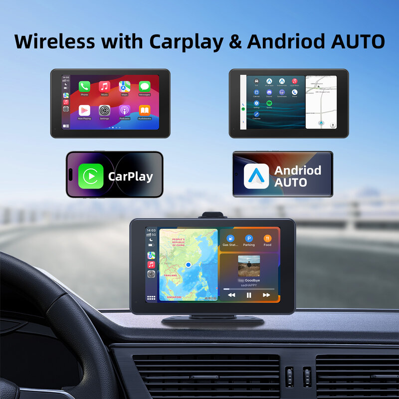 Carro Android Carplay Monitor, DVR, WiFi, GPS, Airplay, Conexão sem fio, Gravador de câmera traseira, Acessórios Auto, 7"