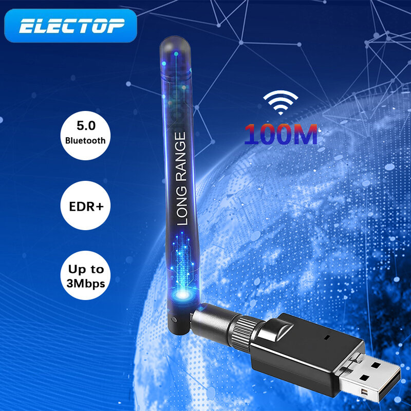 Electop USB 블루투스 5.0 5.1 어댑터, 장거리 무선 오디오 리시버 송신기, 동글 안테나, PC 노트북 Win 7 8/8.1 10