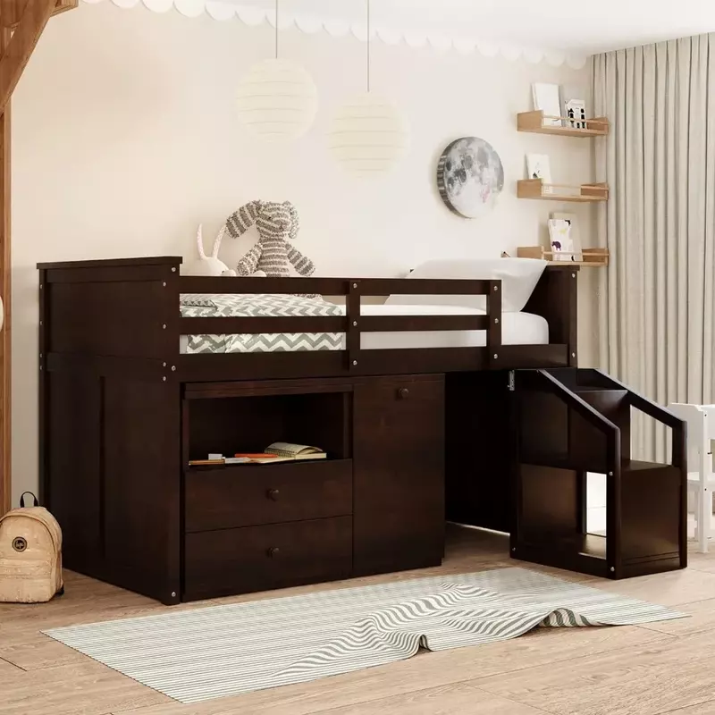 Cadre de lit pour enfants, bureau et proximité de stockage, dortoirs jumelles, loft bas, cadre de lit pour enfants