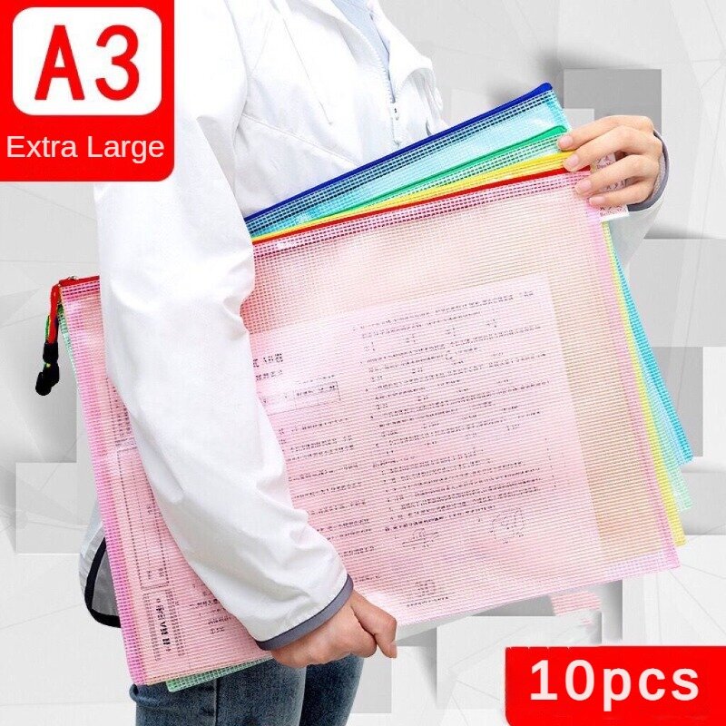 Grande capacidade transparente Mesh Zipper Bag, Office Book File, Student Supplies, Espessado A3 File, Test Paper Archive Bag